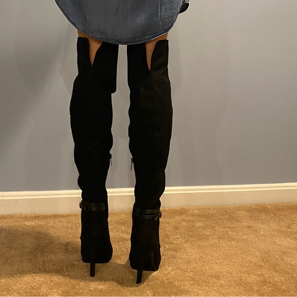 Nina Shoes Black Suede Over The Knee High Heel Boots with Faux Leather strap - Picture 10 of 10